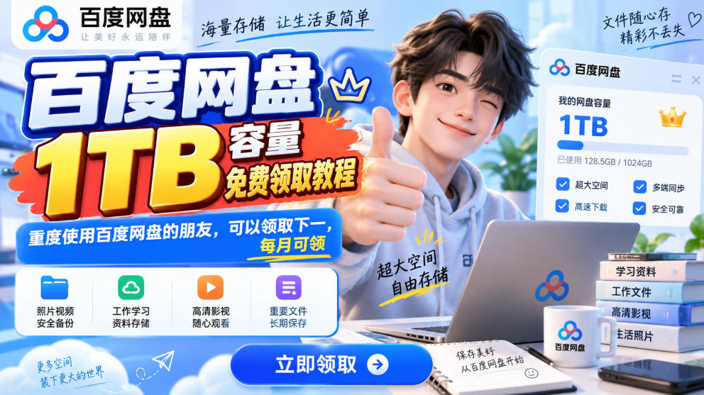 百度网盘1TB容量免费领取教程，重度使用百度网盘的朋友，可以领取下一，每月可领-小二项目网
