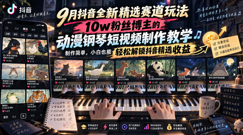 9月抖音全新精选赛道玩法，10w粉丝博主的动漫钢琴短视频制作教学，制作简单，小白也能轻松解锁抖音精选收益-小二项目网