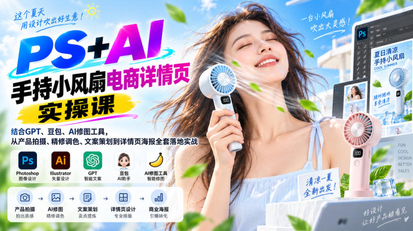 PS+AI手持小风扇电商详情页实操课｜结合GPT、豆包、AI修图工具，从产品拍摄、精修调色、文案策划到详情页海报全套落地实战-小二项目网