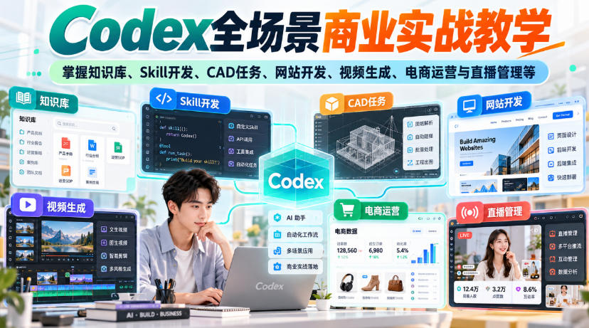 【无水印】Codex全场景商业实战教学，掌握知识库、Skill开发、CAD任务、网站开发、视频生成、电商运营与直播管理等-小二项目网