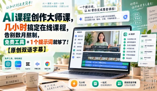 AI课程创作大师课，几小时搞定在线课程，告别数月熬制，免费工具+1个提示词就够了！【原创双语字幕】-小二项目网