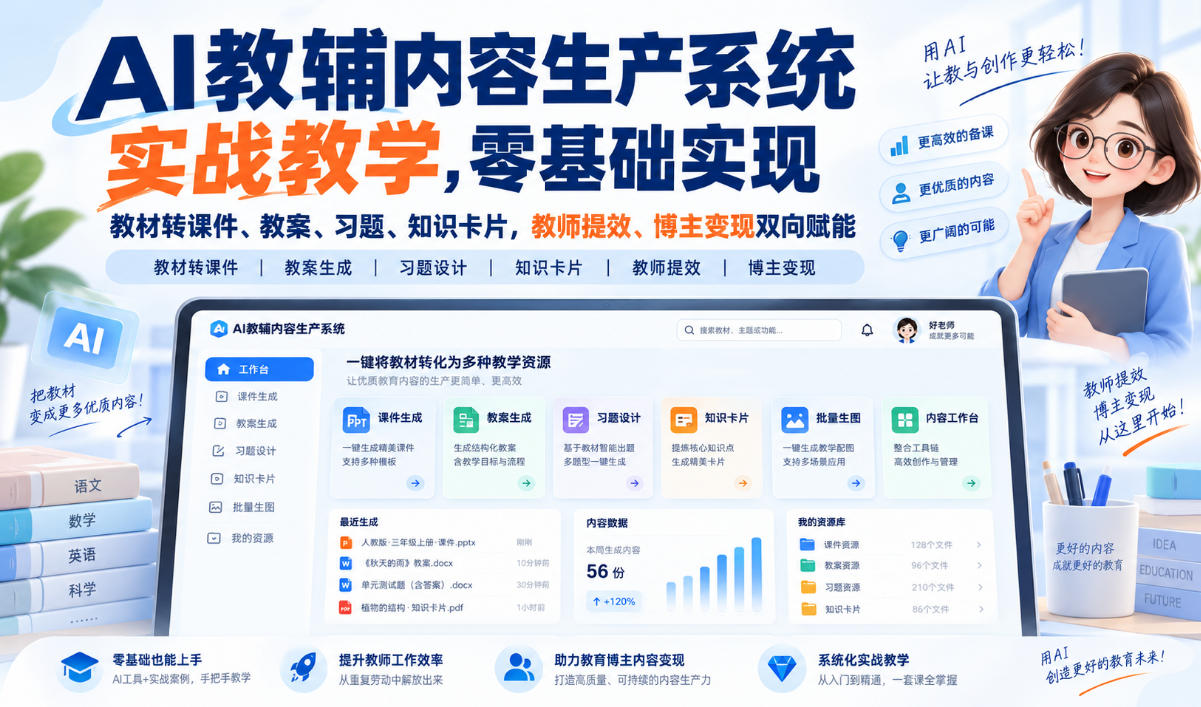 AI教辅内容生产系统实战教学，零基础实现教材转课件、教案、习题、知识卡片，教师提效、博主变现双向赋能-小二项目网
