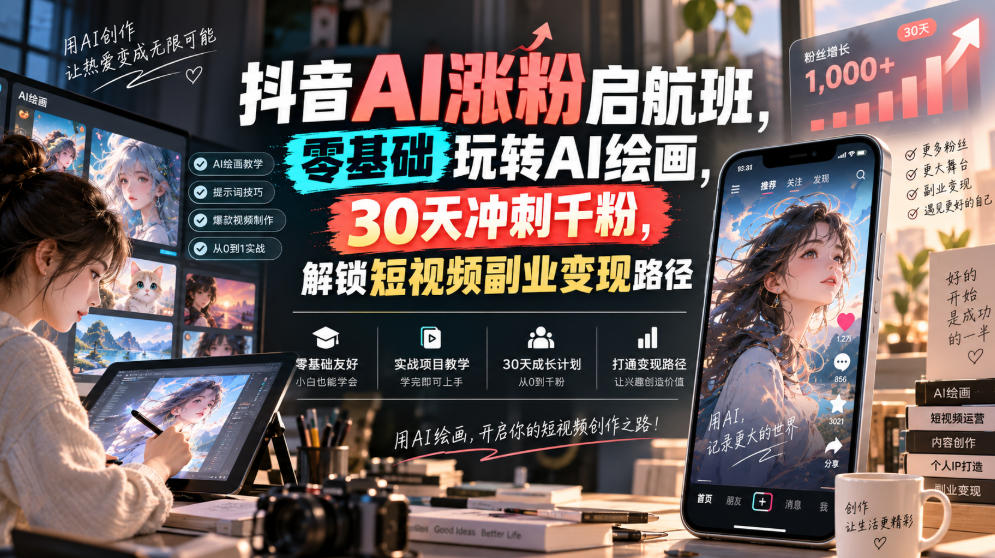 抖音AI涨粉启航班，零基础玩转AI绘画，30天冲刺千粉，解锁短视频副业变现路径-小二项目网