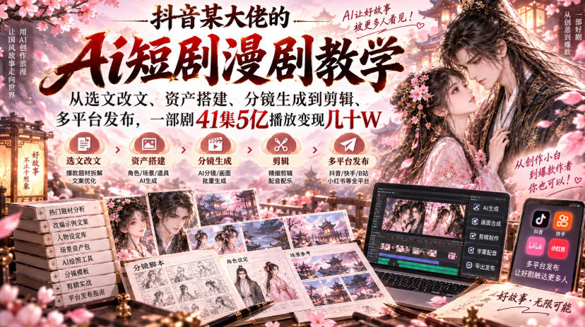 抖音某大佬的Ai短剧漫剧教学，从选文改文、资产搭建、分镜生成到剪辑、多平台发布，一部剧41集5亿播放变现几十W-小二项目网