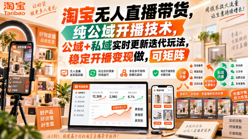 淘宝无人直播带货，纯公域开播技术，公域+私域实时更新迭代玩法，稳定开播变现做，可矩阵【揭秘】-小二项目网
