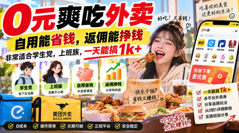 0元爽吃外卖，自用能省钱，返佣能挣钱，非常适合学生党，上班族，一天能搞1k+-小二项目网
