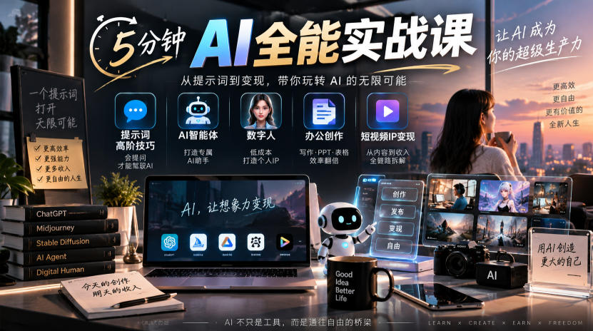 5分钟AI全能实战课｜提示词高阶技巧+AI智能体+数字人+办公创作+短视频IP变现全教程-小二项目网