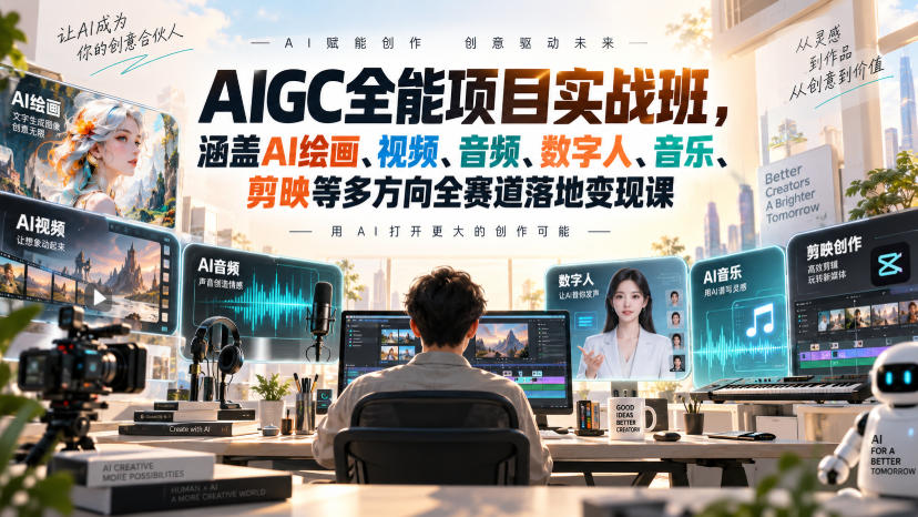 AIGC全能项目实战班，涵盖AI绘画、视频、音频、数字人、音乐、剪映等多方向全赛道落地变现课-小二项目网