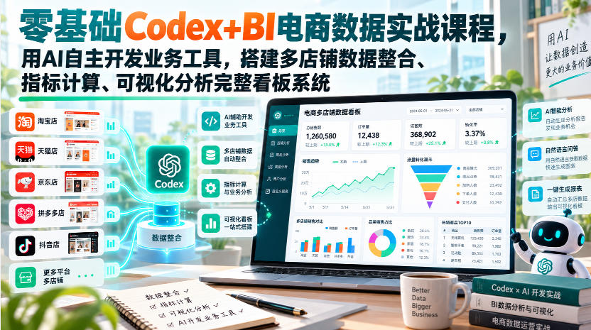 零基础Codex+BI电商数据实战课程，用AI自主开发业务工具，搭建多店铺数据整合、指标计算、可视化分析完整看板系统-小二项目网