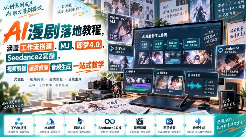 AI漫剧落地教程，涵盖工作流搭建、MJ、即梦4.0、Seedance2实操，视频剪辑画质修复音频生成一站式教学-小二项目网