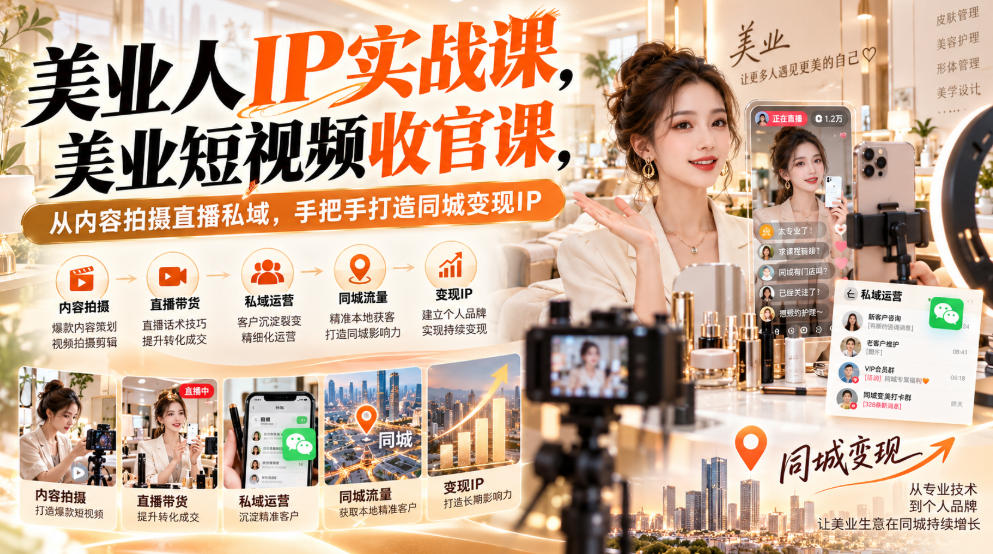 【无水印】美业人IP实战课，美业短视频收官课，从内容拍摄直播私域，手把手打造同城变现IP-小二项目网