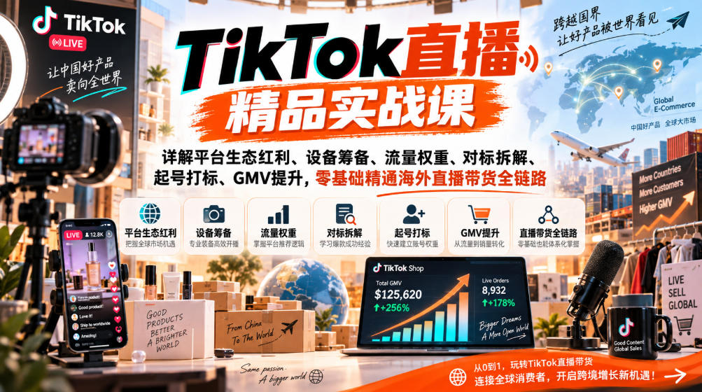 TikTok直播精品实战课，详解平台生态红利、设备筹备、流量权重、对标拆解、起号打标、GMV提升，零基础精通海外直播带货全链路-小二项目网