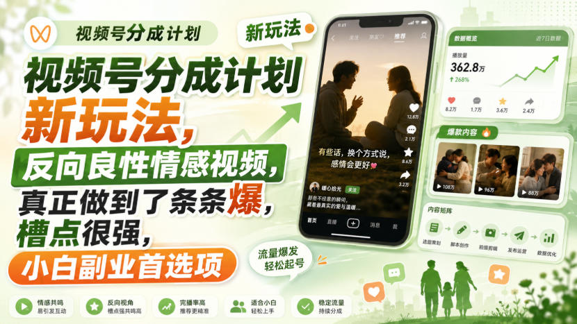 视频号分成计划新玩法,反向良性情感视频,真正做到了条条爆,槽点很强,小白副业首选项-小二项目网