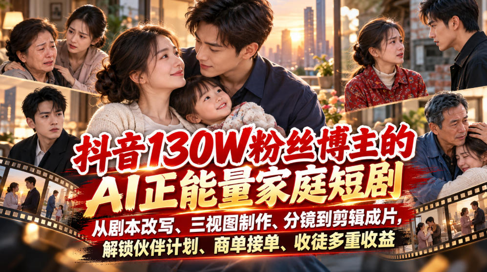抖音130W粉丝博主的AI正能量家庭短剧，从剧本改写、三视图制作、分镜到剪辑成片，解锁伙伴计划、商单接单、收徒多重收益-小二项目网