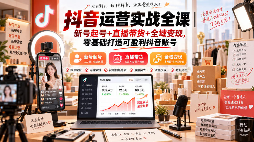 抖音运营实战全课｜新号起号+直播带货+全域变现，零基础打造可盈利抖音账号-小二项目网