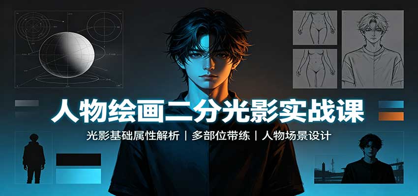 人物绘画二分光影实战课：光影基础属性解析，多部位带练，人物场景设计-小二项目网