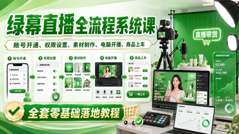 绿幕直播全流程系统课，账号开通、权限设置、素材制作、电脑开播、商品上车全套零基础落地教程-小二项目网
