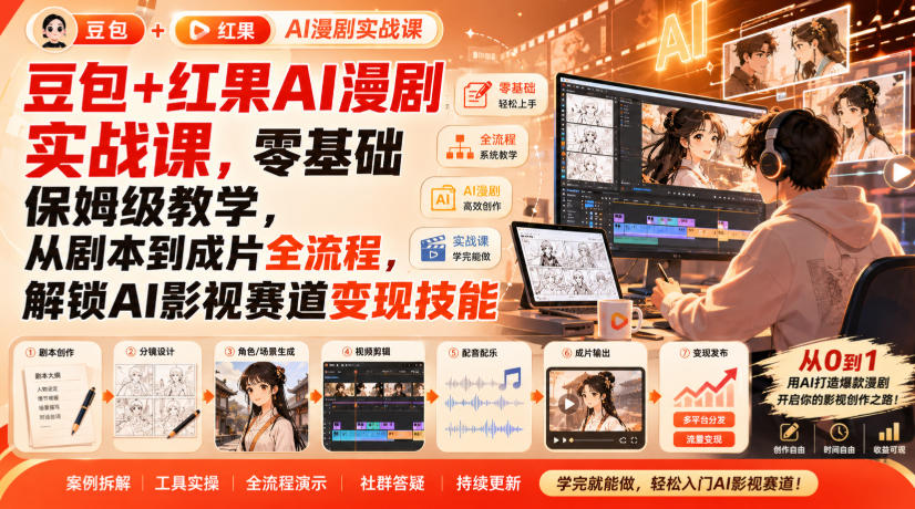 豆包+红果AI漫剧实战课，零基础保姆级教学，从剧本到成片全流程，解锁AI影视赛道变现技能-小二项目网