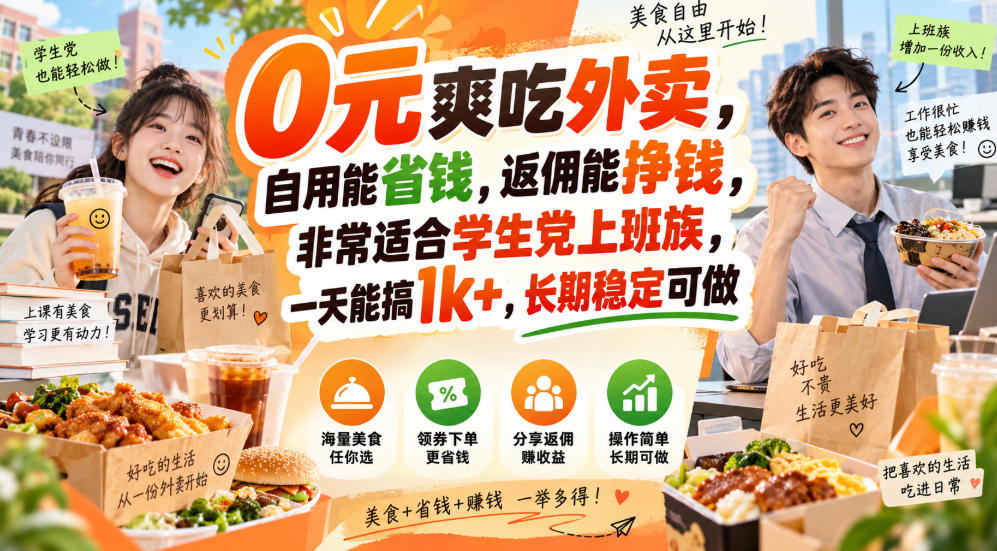 0元爽吃外卖，自用能省钱，返佣能挣钱，非常适合学生党上班族，一天能搞1k+，长期稳定可做-小二项目网
