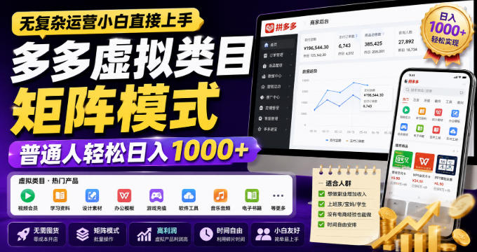 无复杂运营小白直接上手，多多虚拟类目矩阵模式，普通人轻松日入1000+【揭秘】-小二项目网