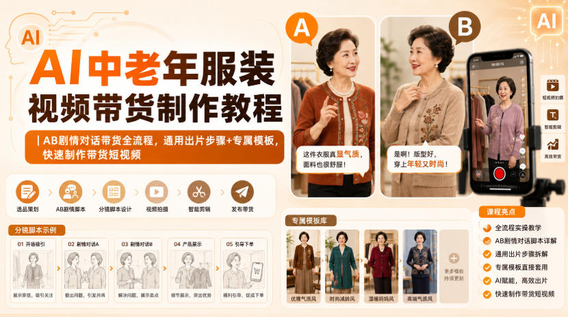 AI中老年服装视频带货制作教程｜AB剧情对话带货全流程，通用出片步骤+专属模板，快速制作带货短视频-小二项目网