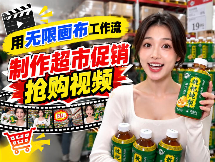 无限画布超市促销抢购视频工作流，一键产出TikTok抖音带货短视频-小二项目网