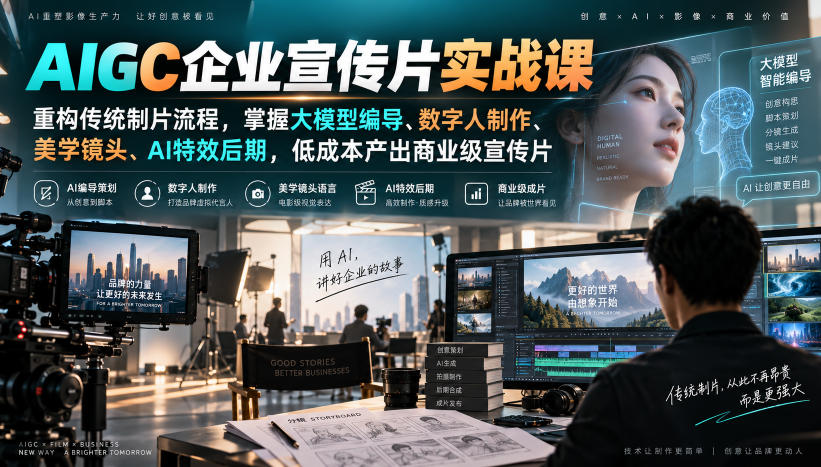 AIGC企业宣传片实战课，重构传统制片流程，掌握大模型编导、数字人制作、美学镜头、AI特效后期，低成本产出商业级宣传片-小二项目网