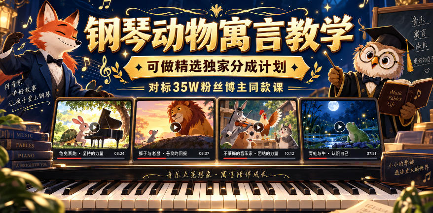 钢琴动物寓言教学，可做精选独家分成计划，对标35W粉丝博主同款课-小二项目网