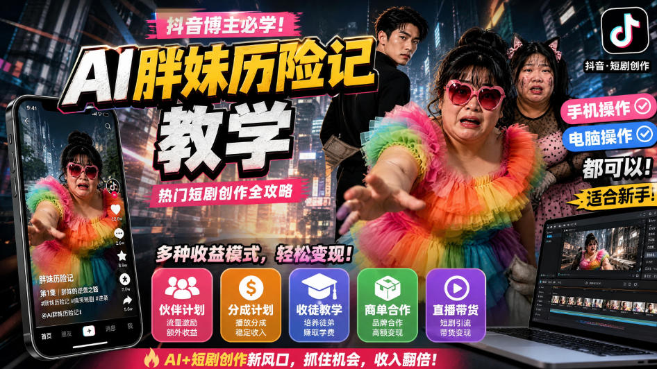 抖音博主的AI胖妹历险记教学，伙伴计划+分成计划+收徒+商单等多种收益，适合新手，手机电脑都可以操作-小二项目网