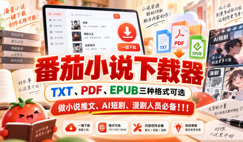 番茄小说下载器，TXT、PDF、EPUB三种格式可选，做小说推文、AI短剧、漫剧人员必备！！！-小二项目网