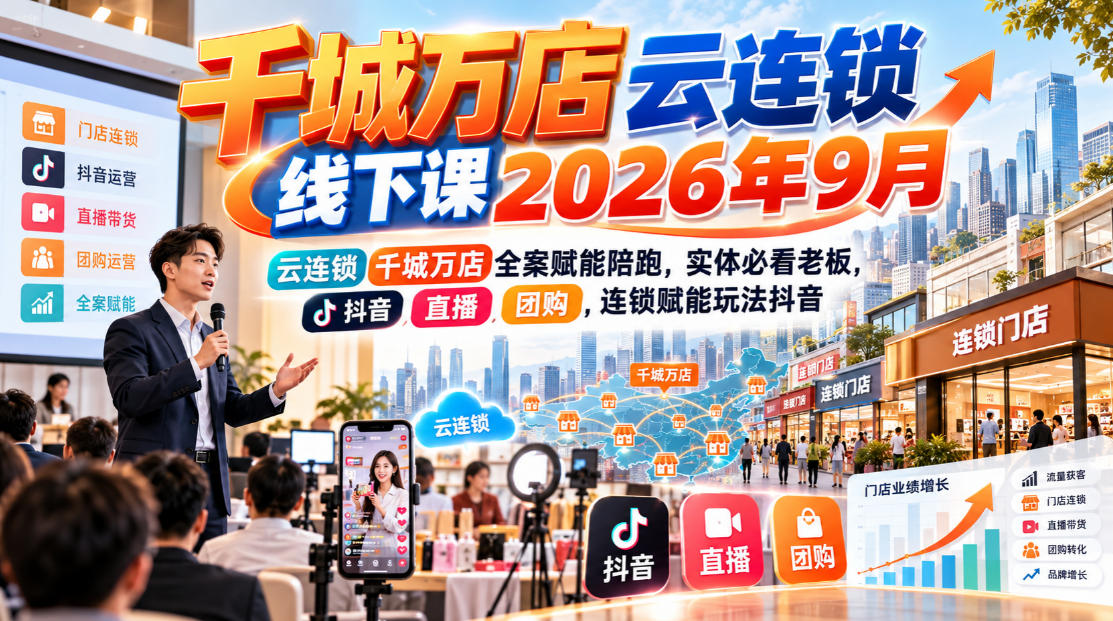 千城万店云连锁线下课2026年9月，云连锁千城万店全案赋能陪跑，实体必看老板，抖音，直播，团购，连锁赋能玩法抖音-小二项目网
