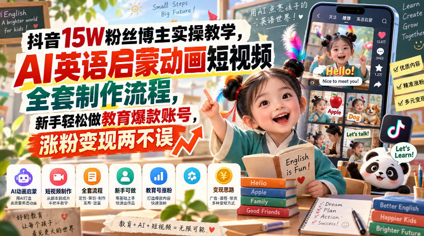 抖音15W粉丝博主实操教学，AI英语启蒙动画短视频全套制作流程，新手轻松做教育爆款账号，涨粉变现两不误-小二项目网