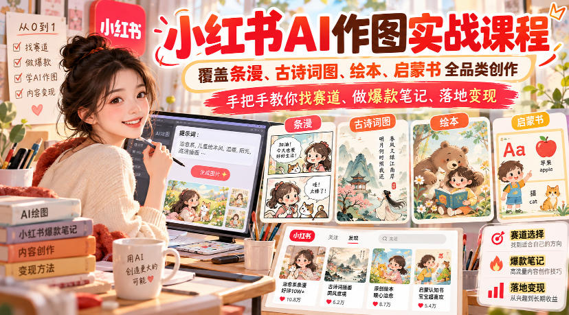 小红书AI作图实战课程，覆盖条漫、古诗词图、绘本、启蒙书全品类创作，手把手教你找赛道、做爆款笔记、落地变现-小二项目网
