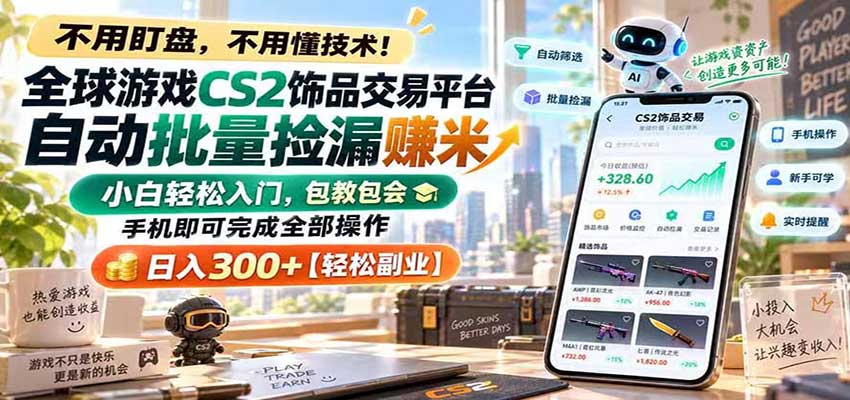 全球游戏CS2饰品交易平台自动批量捡漏赚米，手机即可完成全部操作，日入300+-小二项目网