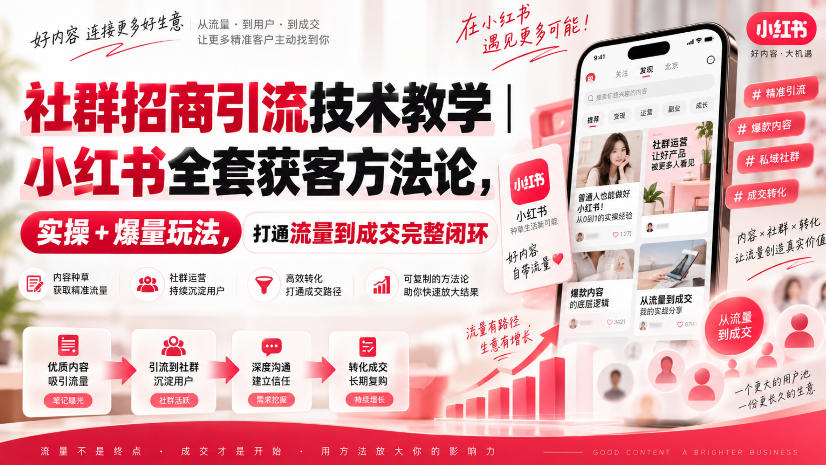 社群招商引流技术教学｜小红书全套获客方法论，实操+爆量玩法，打通流量到成交完整闭环-小二项目网