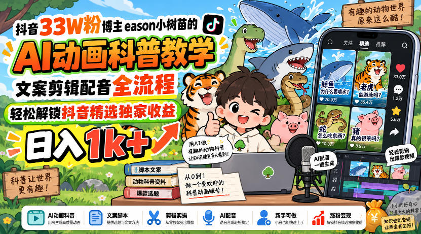 抖音33W粉博主eason小树苗的AI动画科普教学，文案剪辑配音全流程，轻松解锁抖音精选独家收益，日入1k+-小二项目网