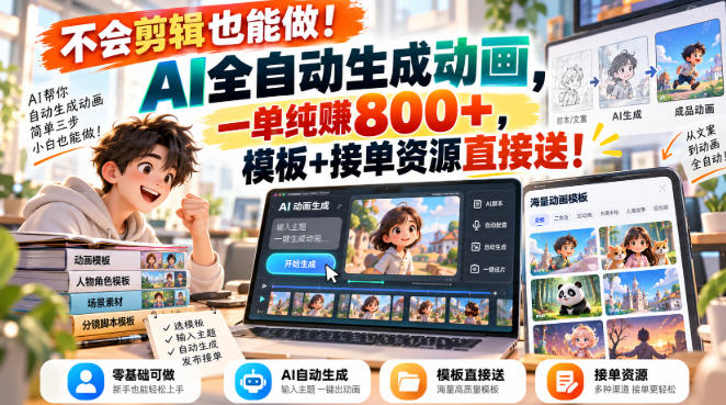 不会剪辑也能做！AI全自动生成动画，一单纯賺800+，模板+接单资源直接送！【揭秘】-小二项目网