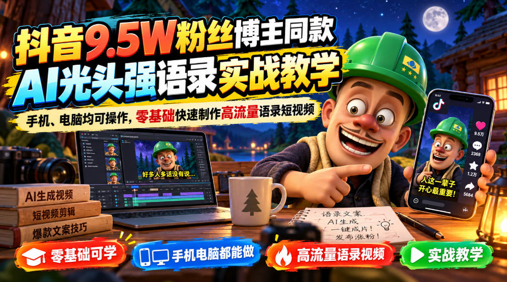抖音9.5W粉丝博主同款AI光头强语录实战教学，手机、电脑均可操作，零基础快速制作高流量语录短视频-小二项目网