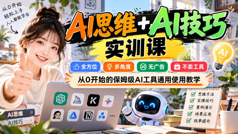 AI思维+AI技巧实训课，全方位、多角度、无广告、不卖工具，从0开始的保姆级AI工具通用使用教学-小二项目网