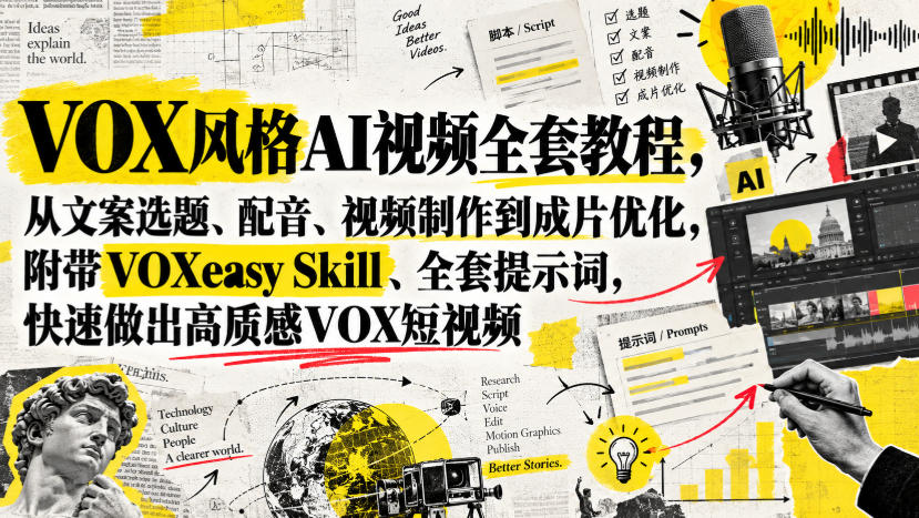 VOX风格AI视频全套教程，从文案选题、配音、视频制作到成片优化，附带VOXeasy Skill、全套提示词，快速做出高质感VOX短视频-小二项目网
