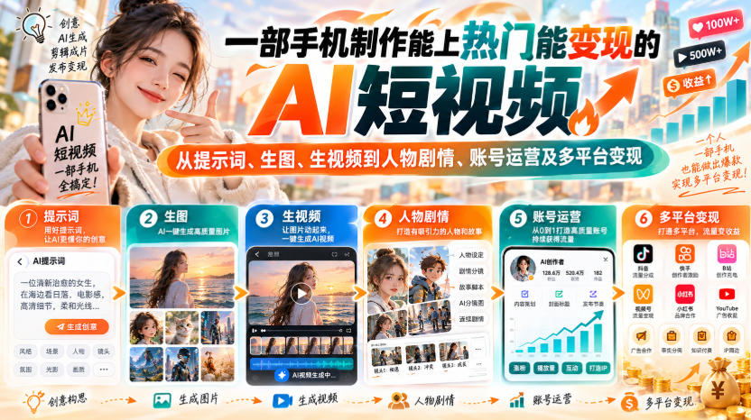 【无水印】一部手机制作能上热门能变现的AI短视频，从提示词、生图、生视频到人物剧情、账号运营及多平台变现-小二项目网