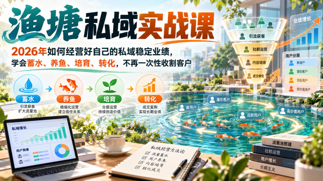 渔塘私域实战课，2026年如何经营好自己的私域稳定业绩，学会蓄水、养鱼、培育、转化，不再一次性收割客户-小二项目网