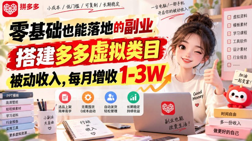 零基础也能落地的副业，搭建多多虚拟类目被动收入，每月增收1-3W【揭秘】-小二项目网