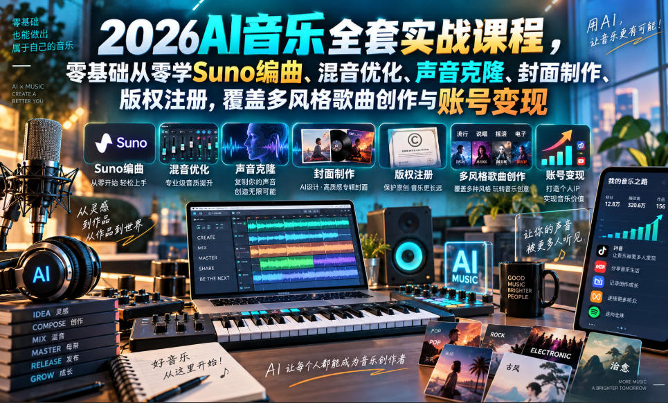 2026AI音乐实战课程，零基础从零学Suno编曲、混音优化、声音克隆、版权注册，覆盖多风格歌曲创作与账号变现-小二项目网
