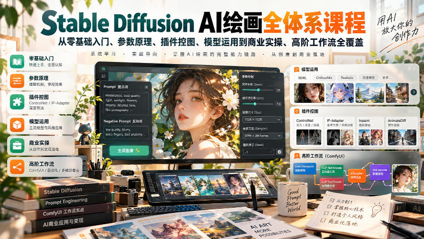 【无水印】Stable Diffusion AI绘画全体系课程，从零基础入门、参数原理、插件控图、模型运用到商业实操、高阶工作流全覆盖-小二项目网