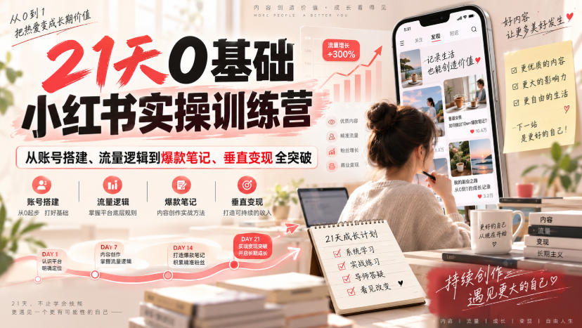 21天0基础小红书实操训练营｜从账号搭建、流量逻辑到爆款笔记、垂直变现全突破-小二项目网