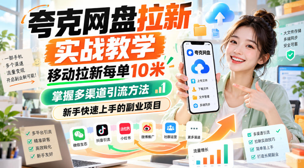 夸克网盘拉新实战教学，移动拉新每单10米，掌握多渠道引流方法，新手快速上手的副业项目-小二项目网