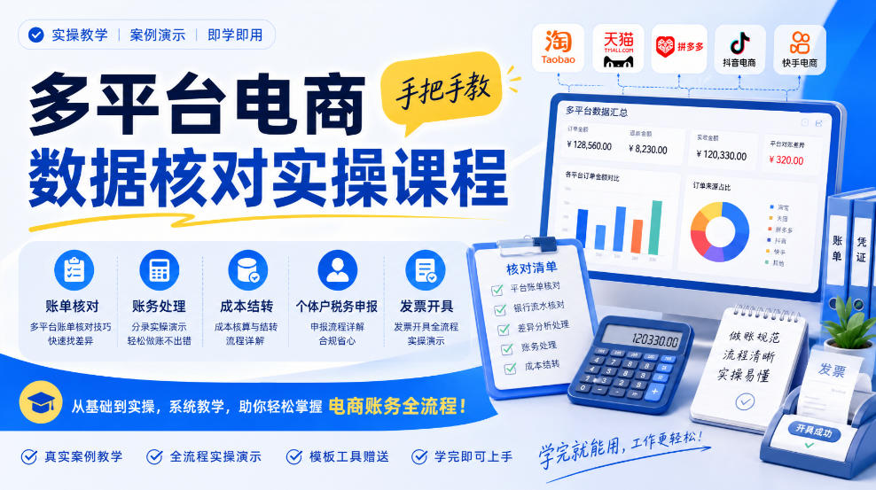 多平台电商数据核对实操课程，手把手教账单核对、账务处理、成本结转、个体户税务申报与发票开具-小二项目网