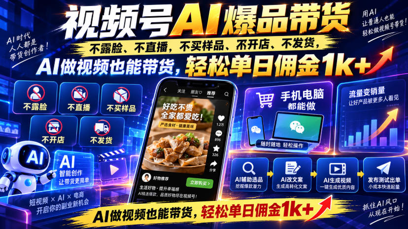 视频号Ai爆品带货，不露脸、不直播、不买样品、不开店、不发货，AI做视频也能带货，轻松单日佣金1k+-小二项目网