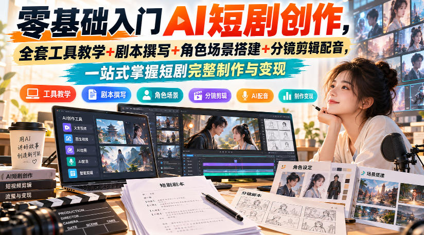 零基础入门AI短剧创作，全套工具教学+剧本撰写+角色场景搭建+分镜剪辑配音，一站式掌握短剧完整制作与变现-小二项目网